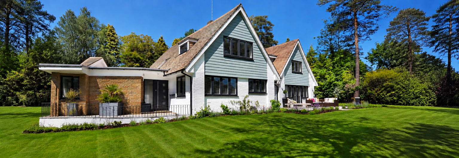 Cape Cod home with a cedar shake roof, shingle and brick siding, a low patio with iron railing and a mown lawn with planting beds
