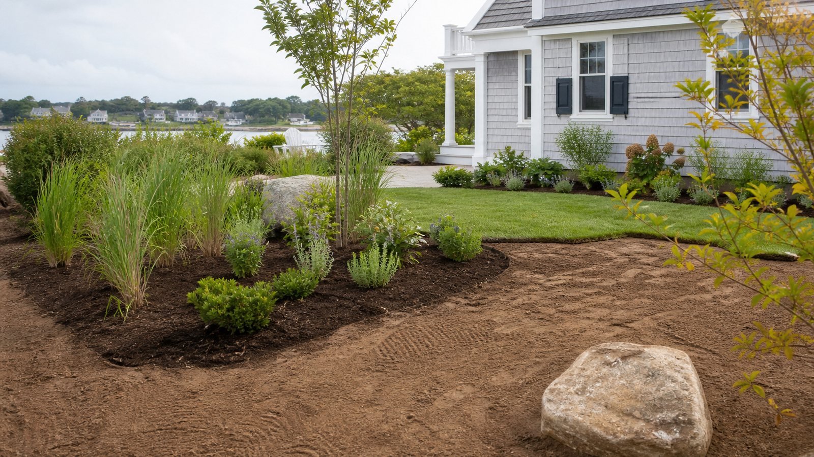 Cape Cod landscape conditions with coastal planting and graded sandy soil in South Yarmouth