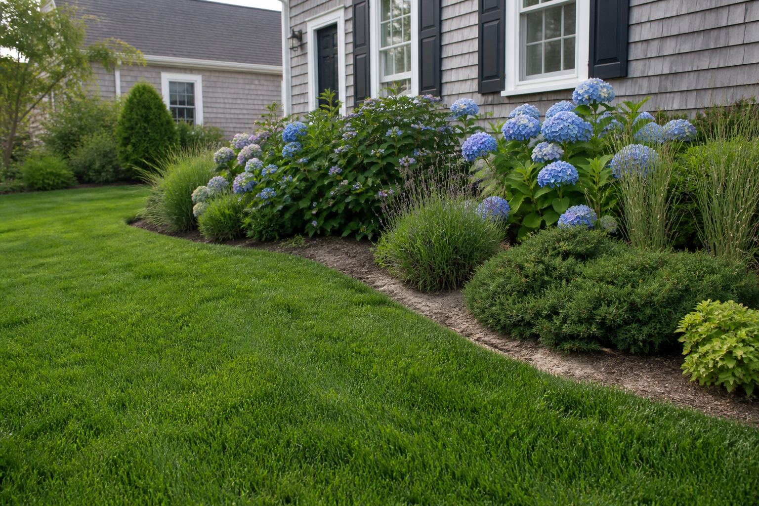 Maintained Cape Cod lawn with sandy soil, hydrangeas, and coastal landscaping in South Yarmouth, Massachusetts