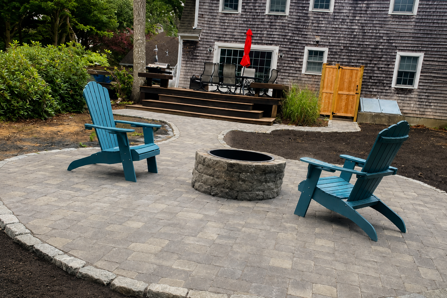 Paver patio and fire pit masonry project in South Yarmouth MA by Moriah Masonry & Landscaping