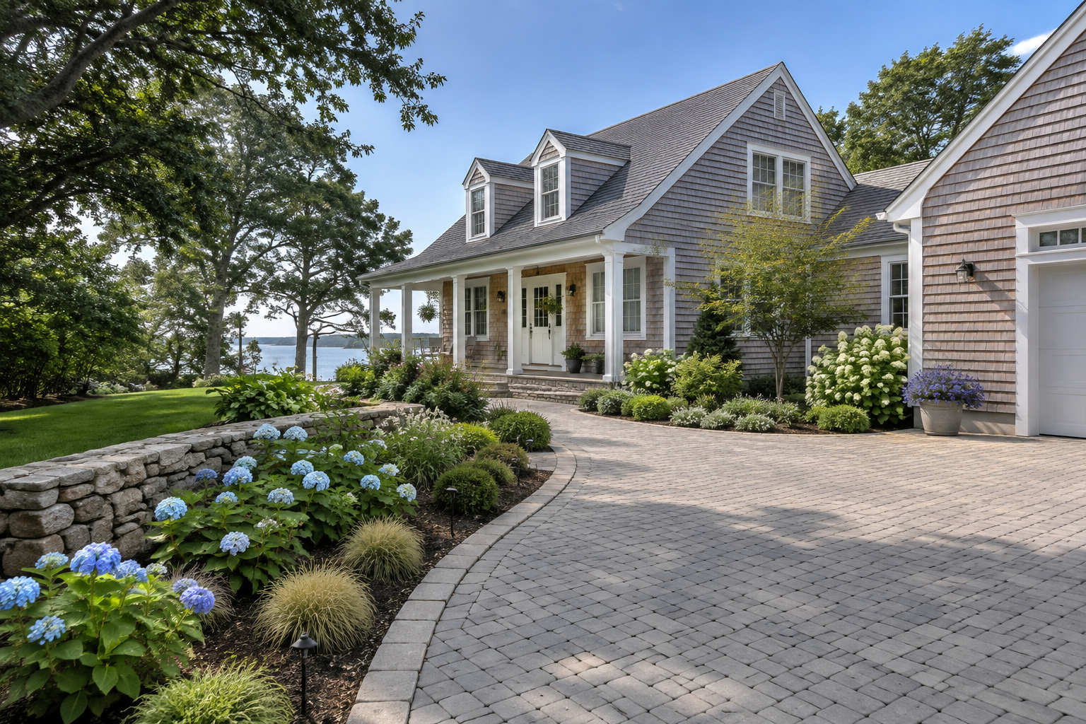 Cape Cod seasonal home with professional landscaping, stonework and paver driveway