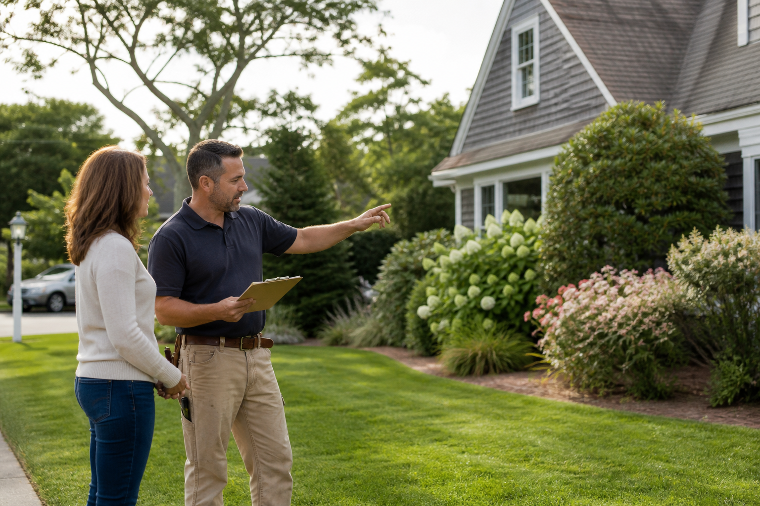Homeowner reviewing a lawn care scope with a contractor
