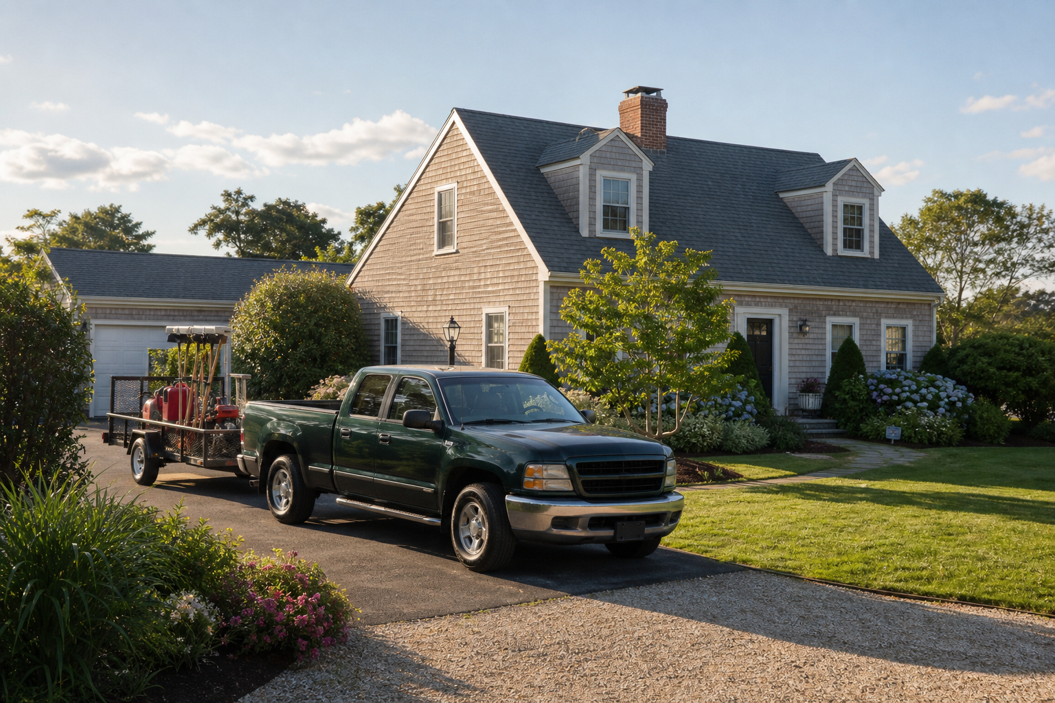 Landscaping service vehicle outside a Cape Cod home