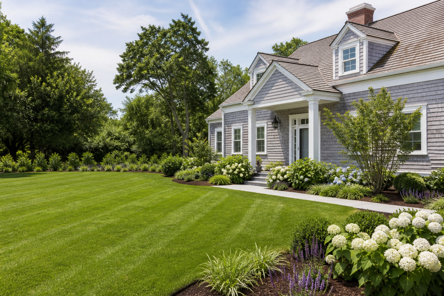 Freshly maintained lawn and mulched planting beds at a Cape Cod home in South Yarmouth, Massachusetts