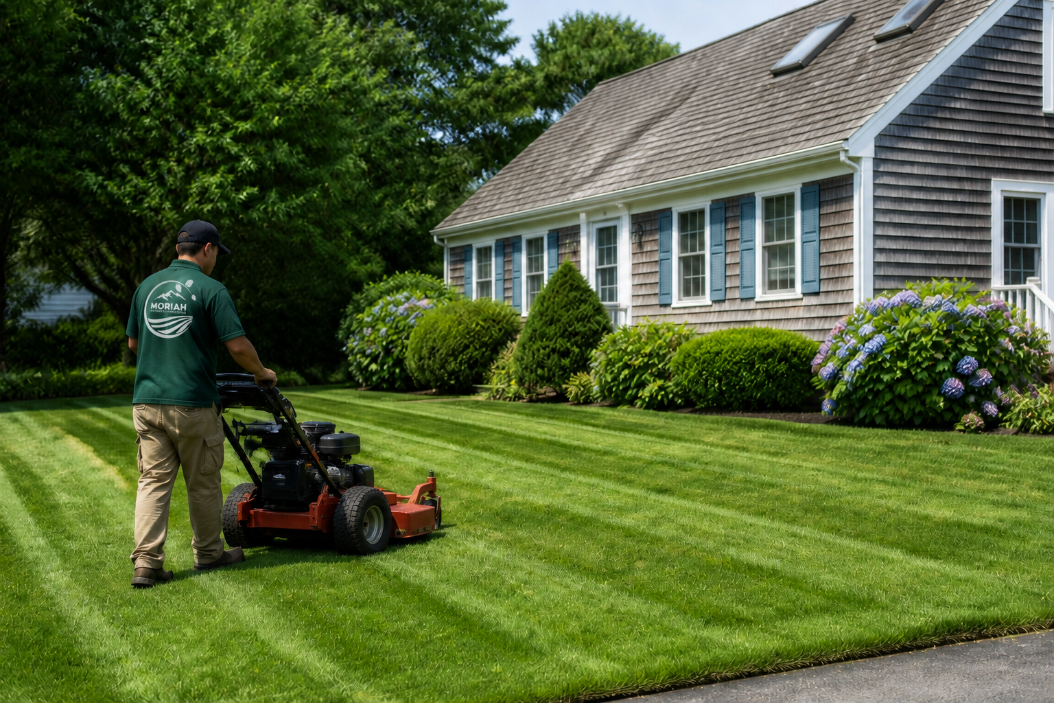 Moriah crew member mowing a lawn in South Yarmouth