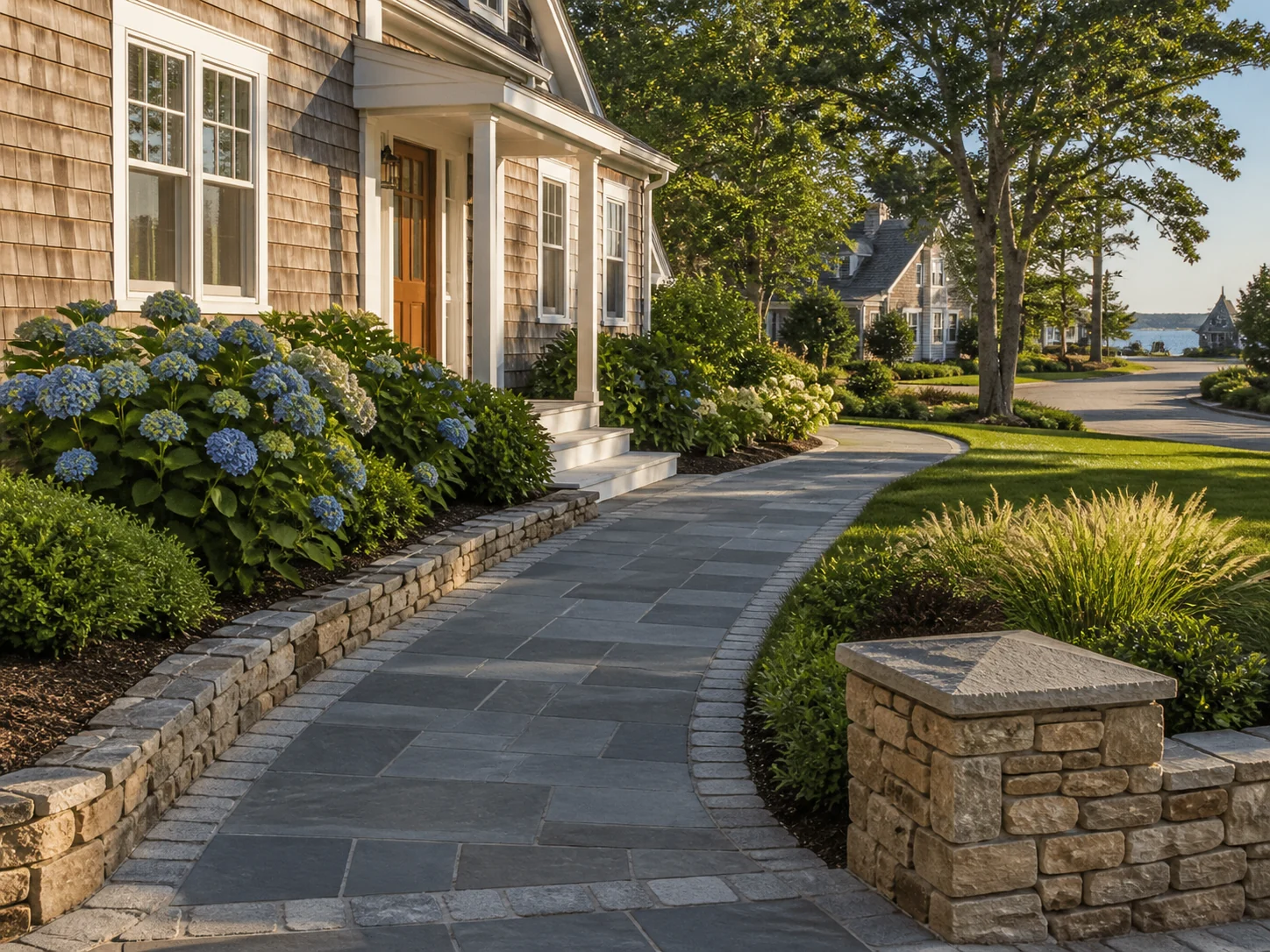 Masonry contractor services across Cape Cod with bluestone walkway and landscaping