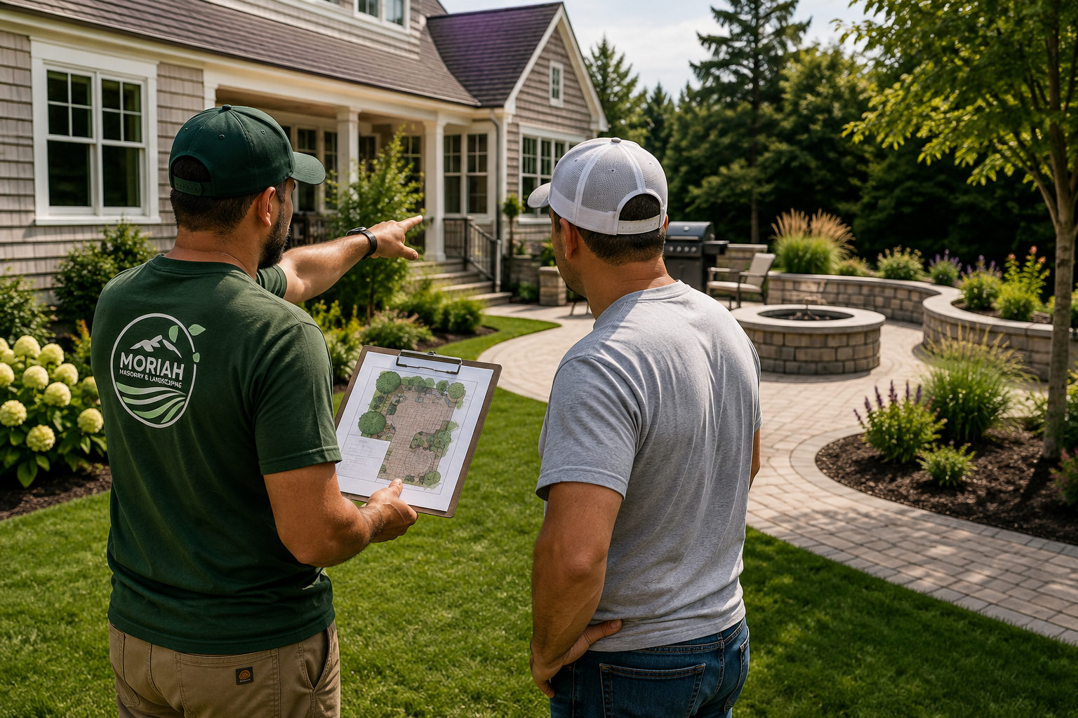 Moriah Masonry & Landscaping assessing an outdoor project in South Yarmouth MA