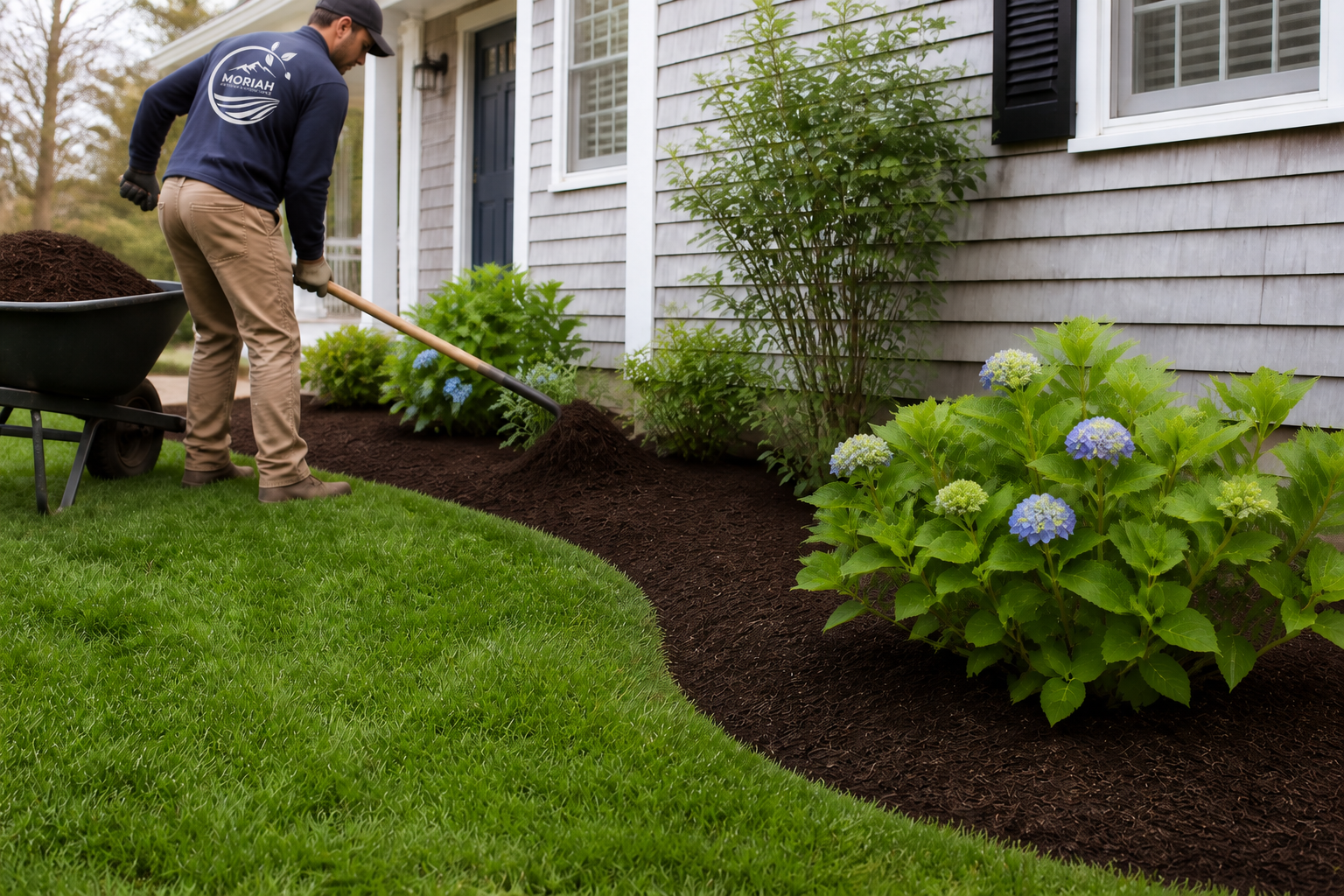 Moriah crew member installing mulch in South Yarmouth