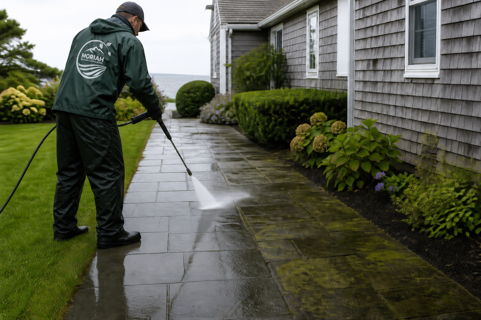 Moriah crew member pressure washing a walkway