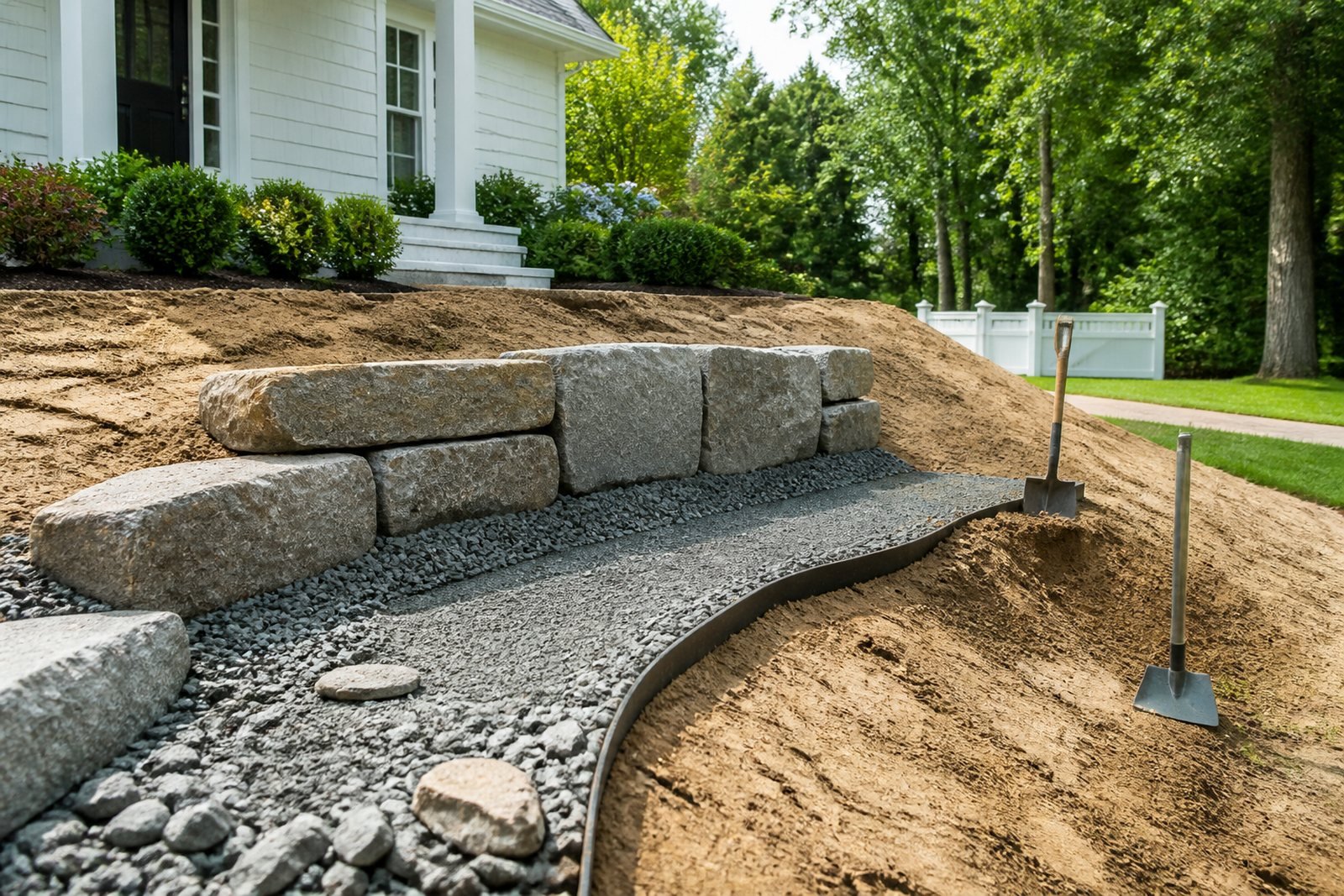 Retaining wall base preparation with sandy soil and drainage stone on Cape Cod
