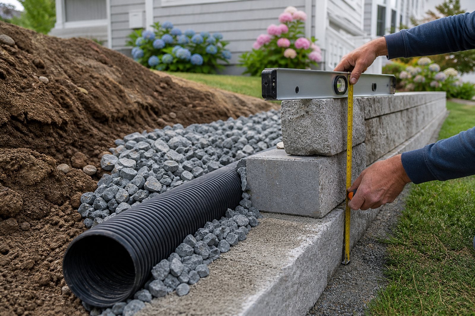 Retaining wall drainage and base preparation being checked on Cape Cod