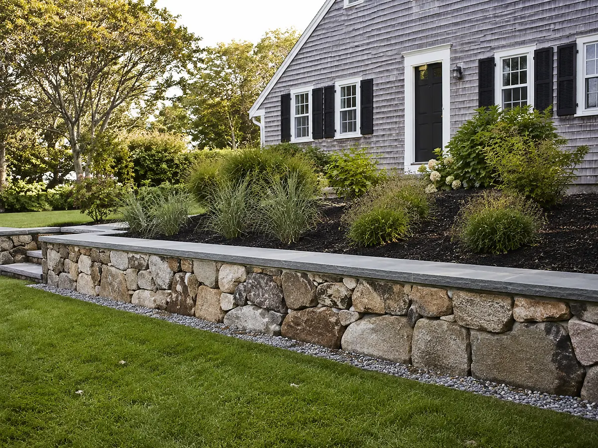 Fieldstone retaining wall installation in South Yarmouth, MA