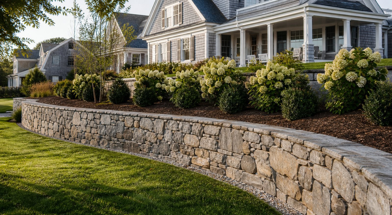 Completed natural stone retaining wall at a Cape Cod home in South Yarmouth MA