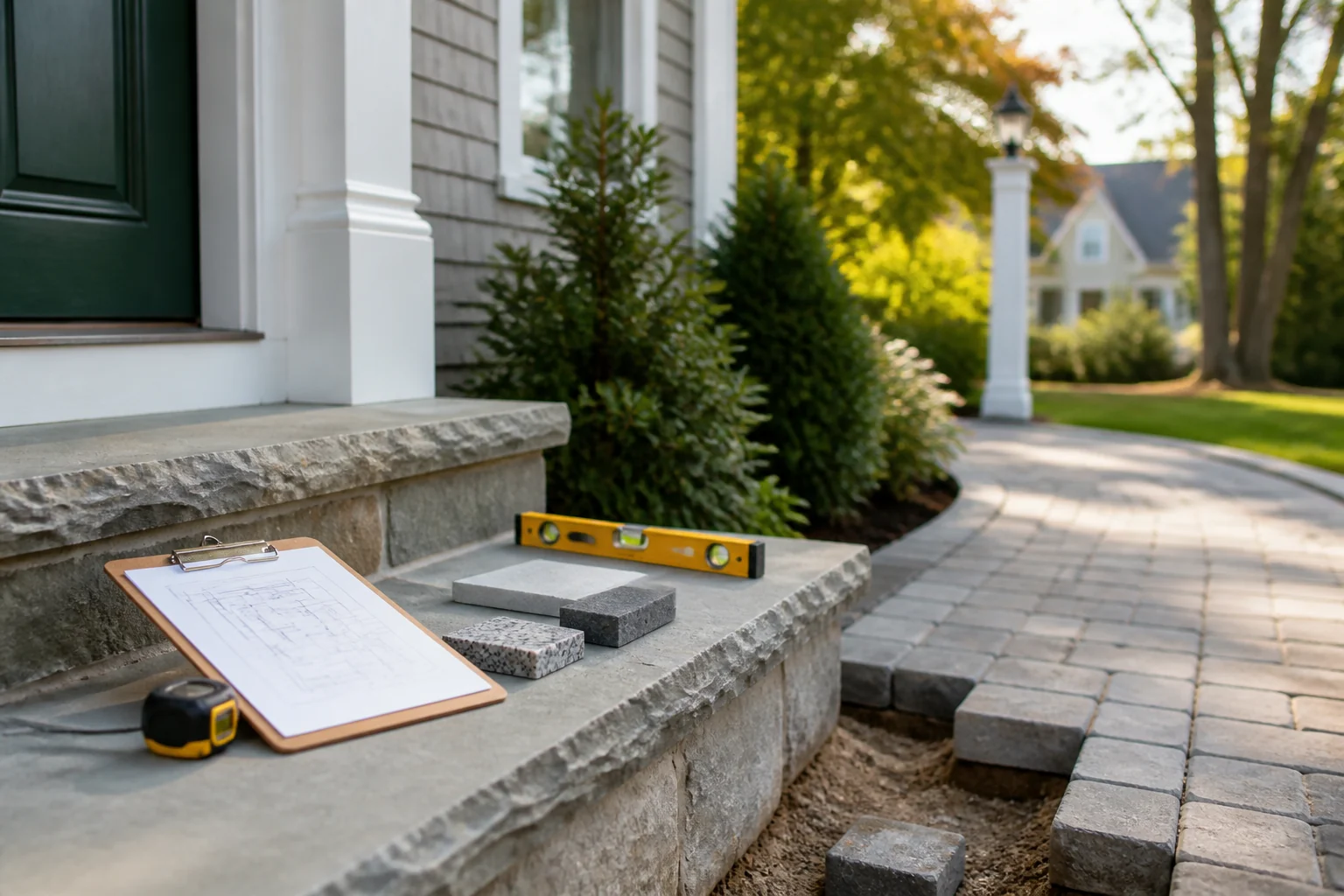 Stone entry estimate details with masonry samples, level, and paver walkway in South Yarmouth, MA