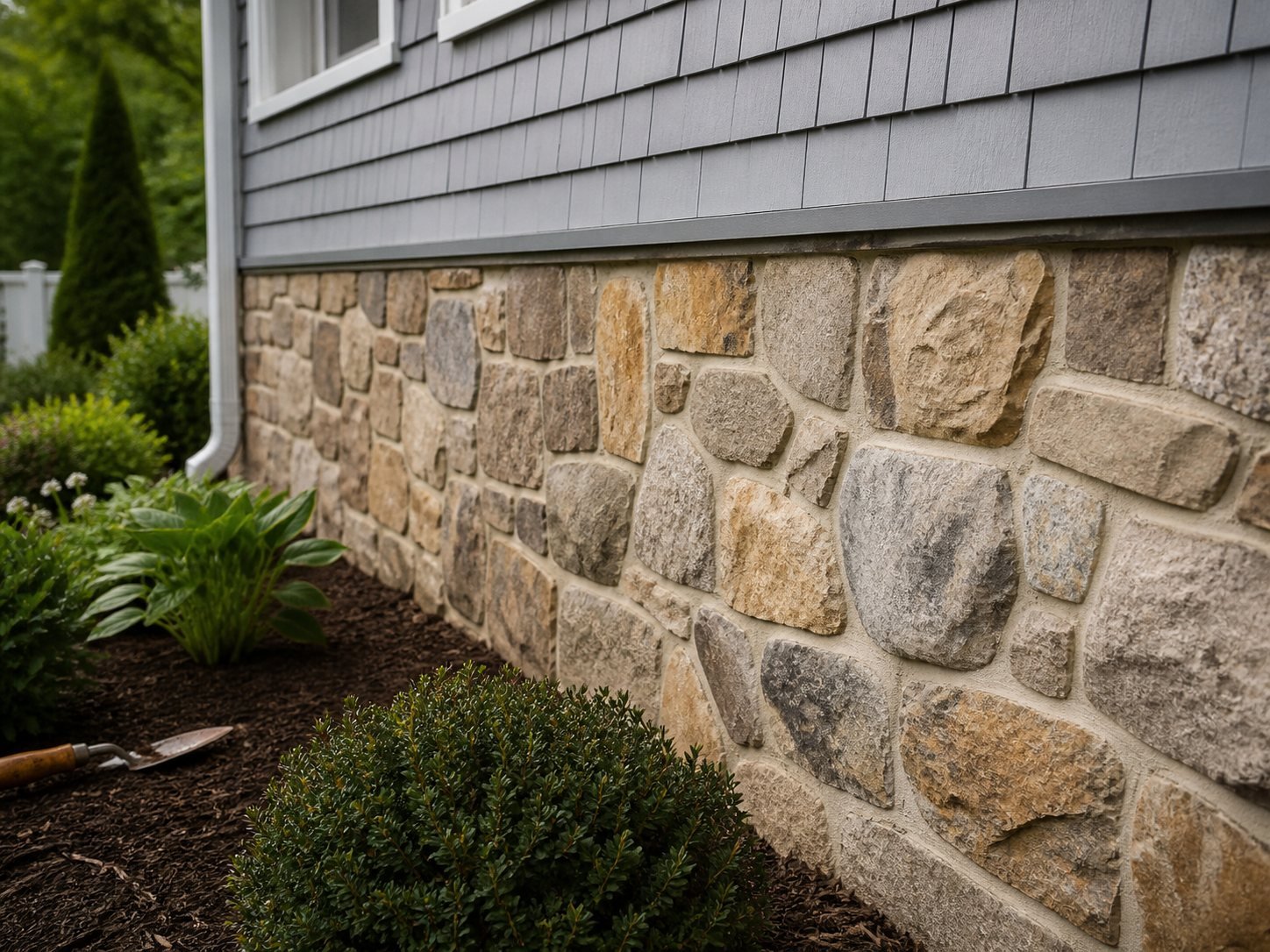 Stone veneer detail on a Cape Cod exterior foundation wall