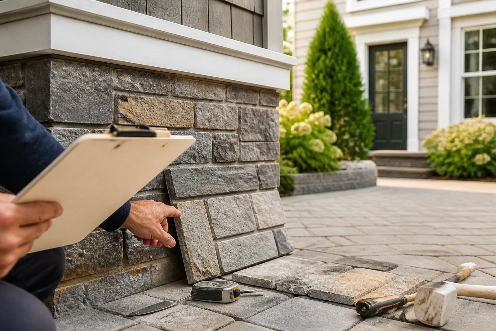Stone veneer estimate review at a South Yarmouth MA home