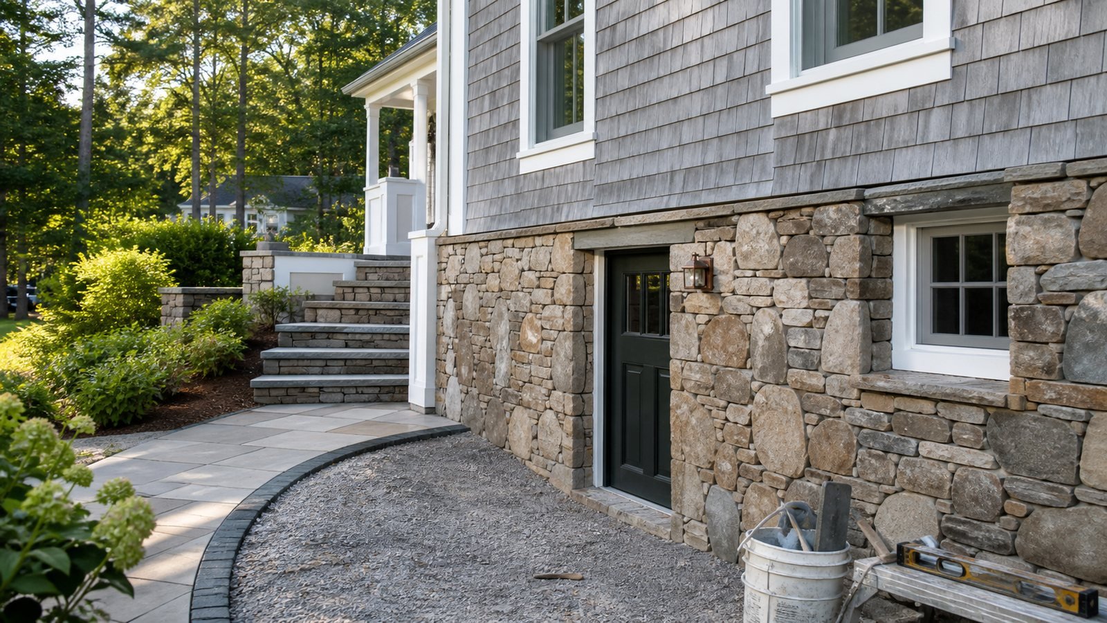 Stone veneer installation on a Cape Cod home in South Yarmouth