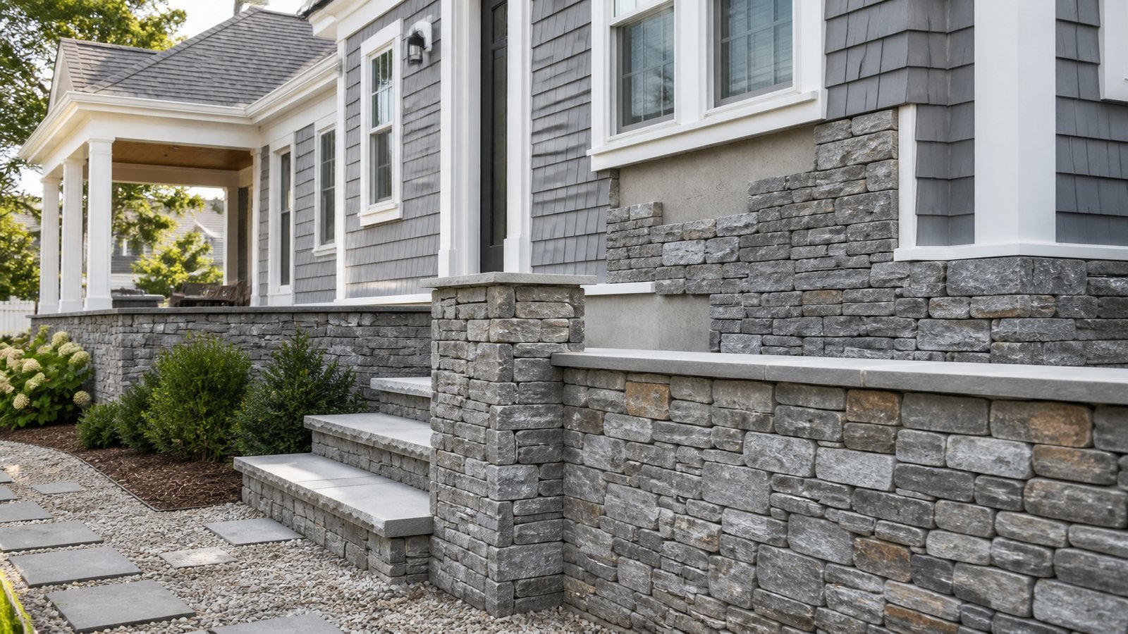 Stone veneer exterior detail on a Cape Cod home in South Yarmouth MA
