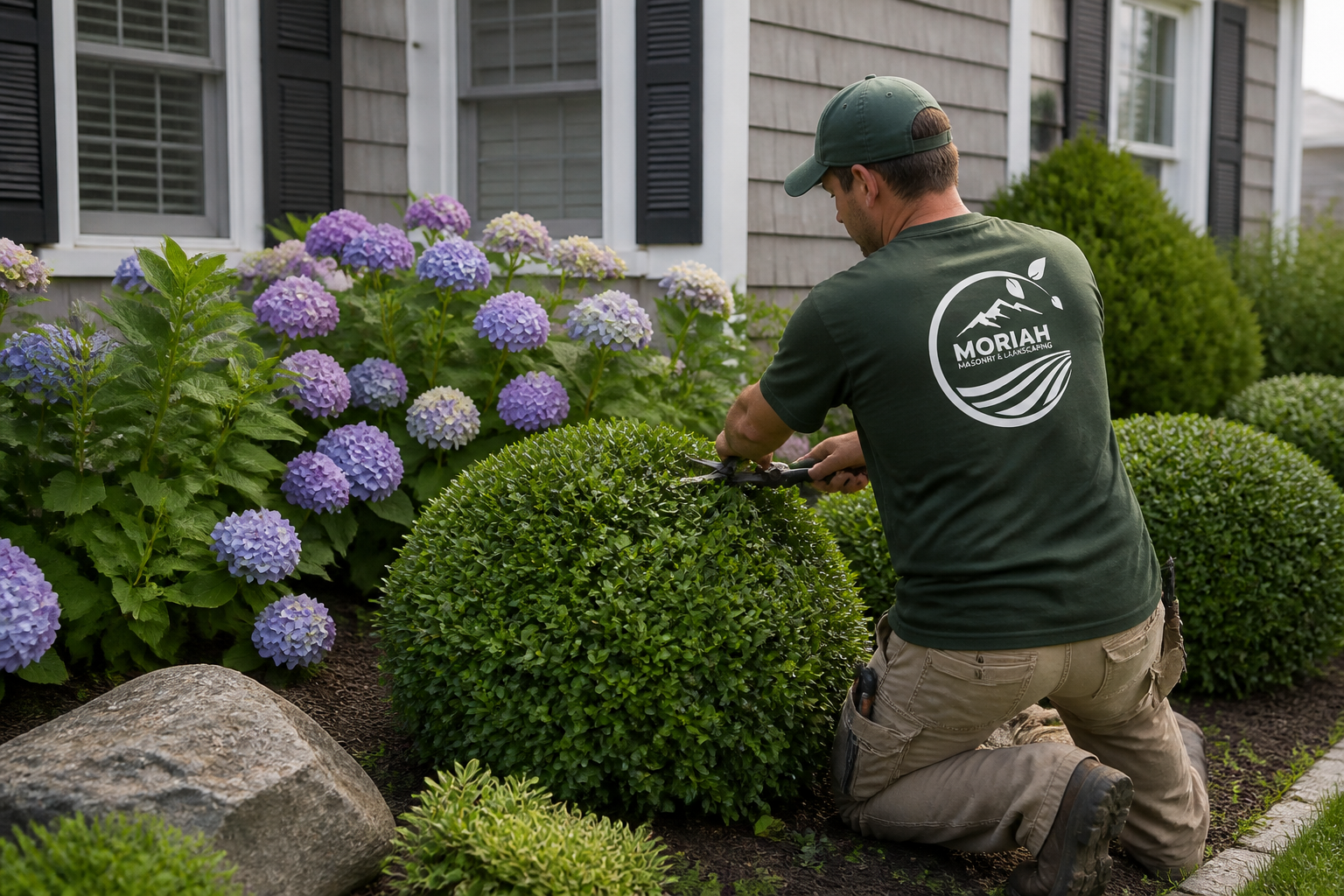 Moriah crew member trimming shrubs