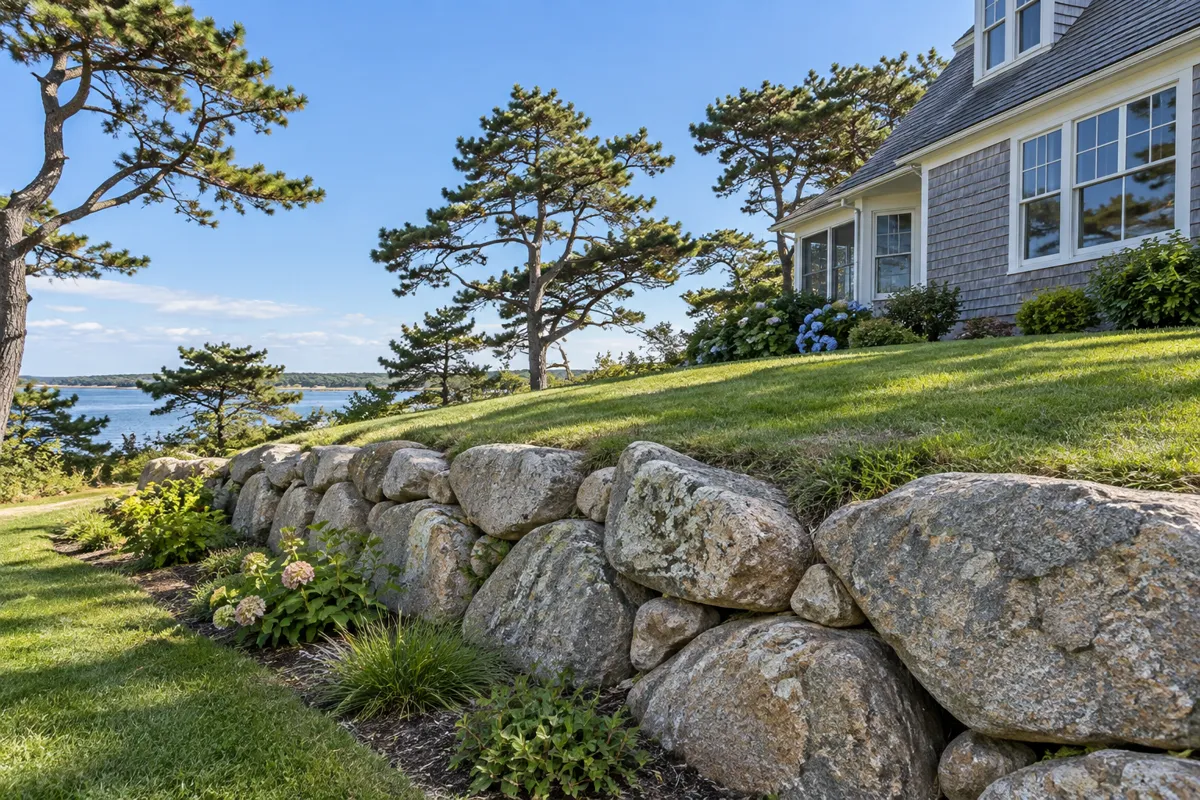 Boulder retaining wall supporting a Cape Cod residential slope