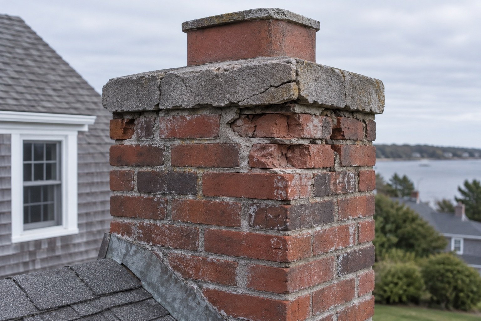A chimney crown with cracking and spalling at the top courses