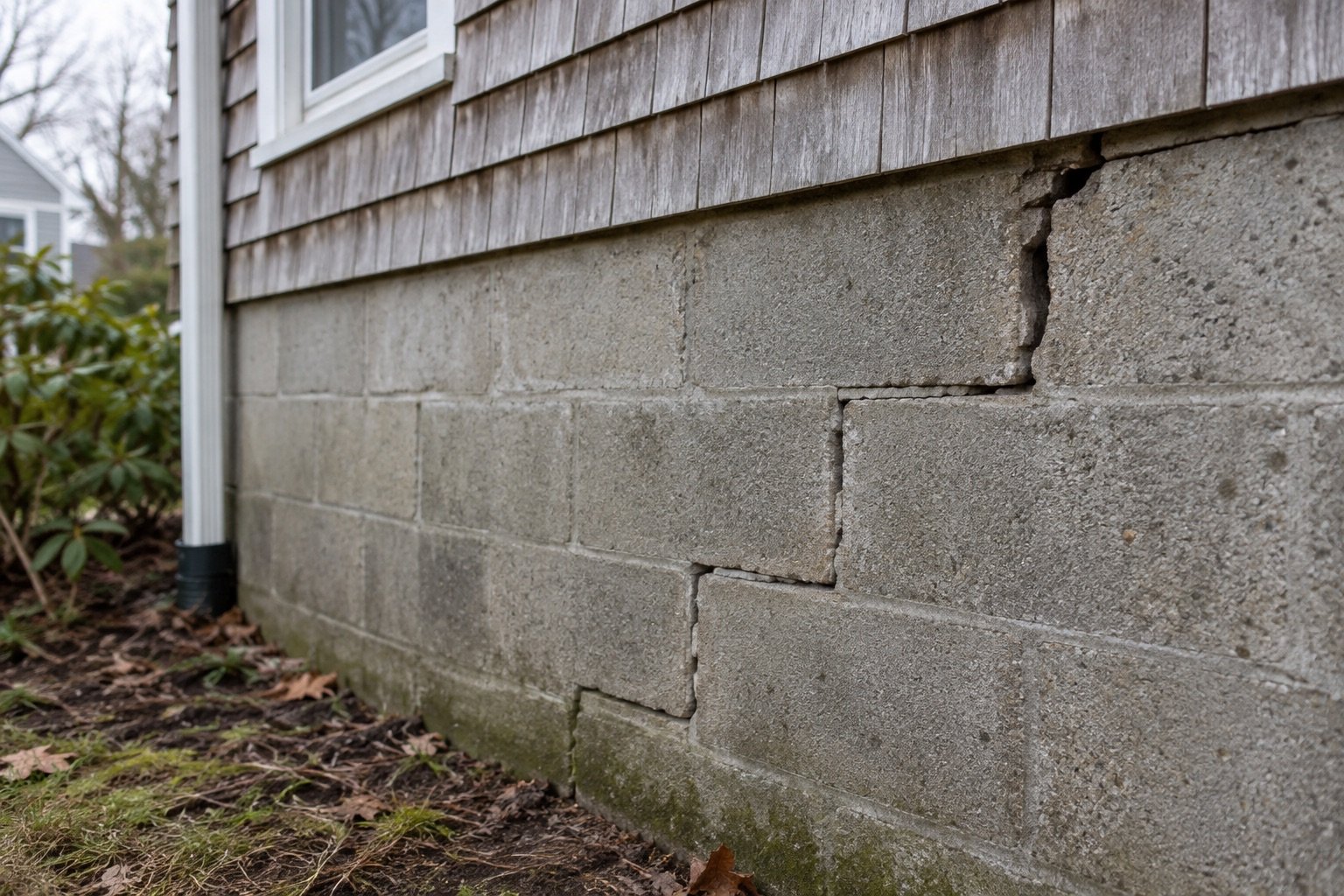 A stepped crack running through the mortar joints of a block foundation wall