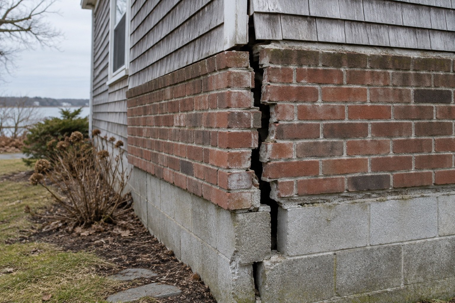 A masonry wall corner pulled apart by settlement, with an open vertical gap