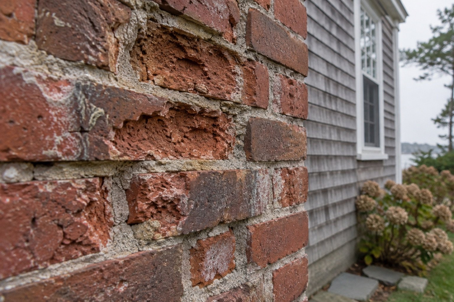 Brick faces spalled and flaking where water froze inside the masonry