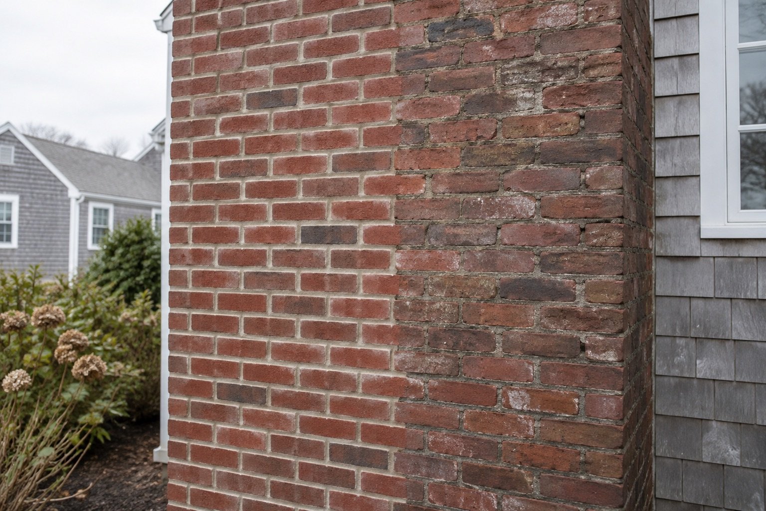 A brick wall part way through repointing, with fresh mortar joints beside weathered ones