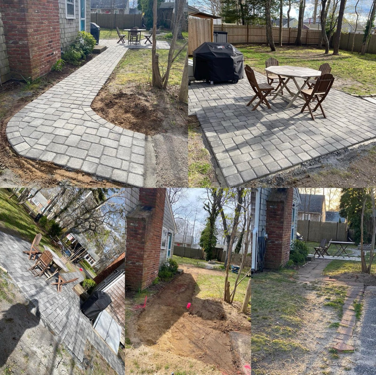 Brick pillars flanking a paver patio and brick walkway at a South Yarmouth home
