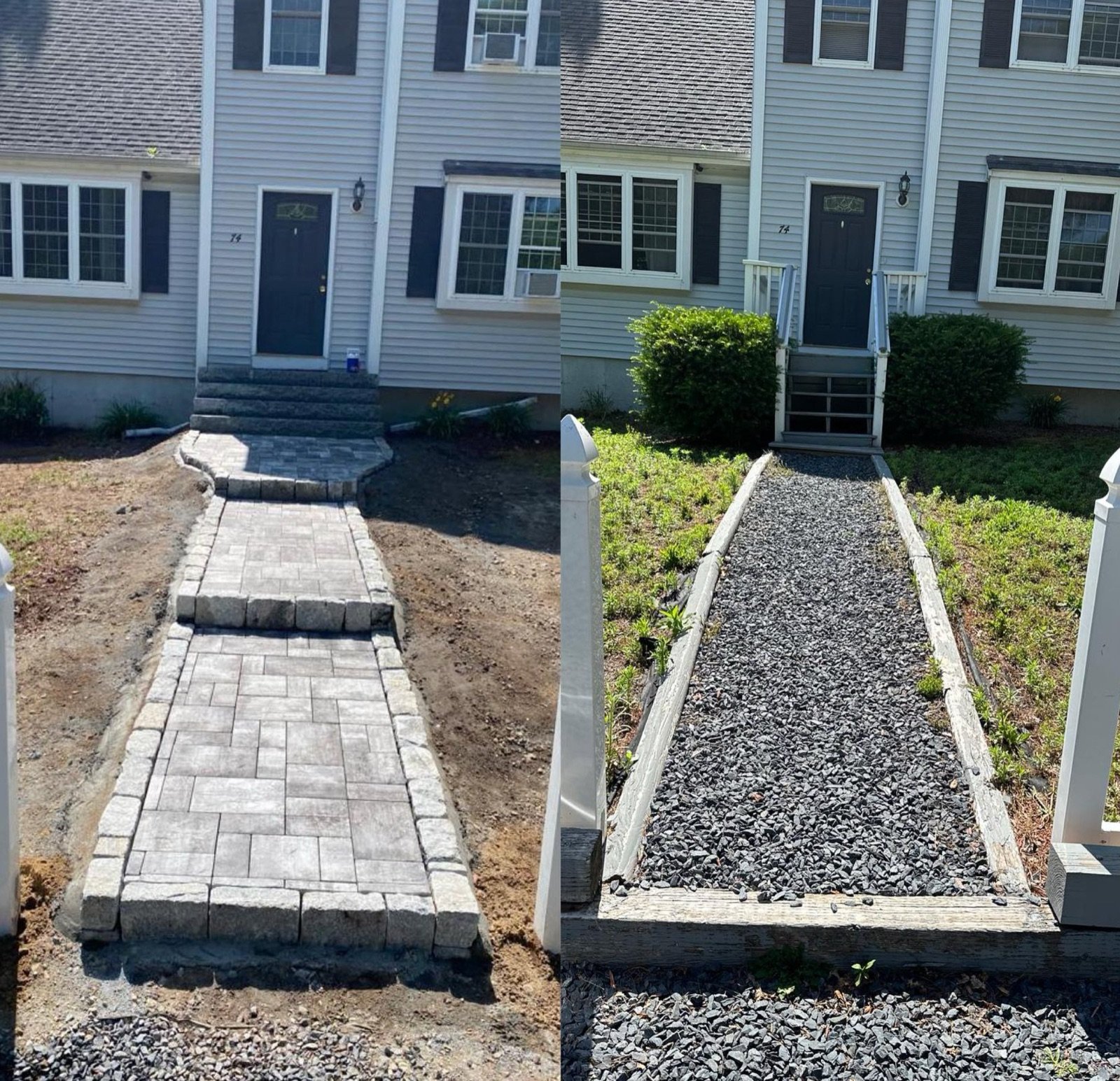 Two walkway runs side by side, one finished in pavers and one still at compacted gravel base
